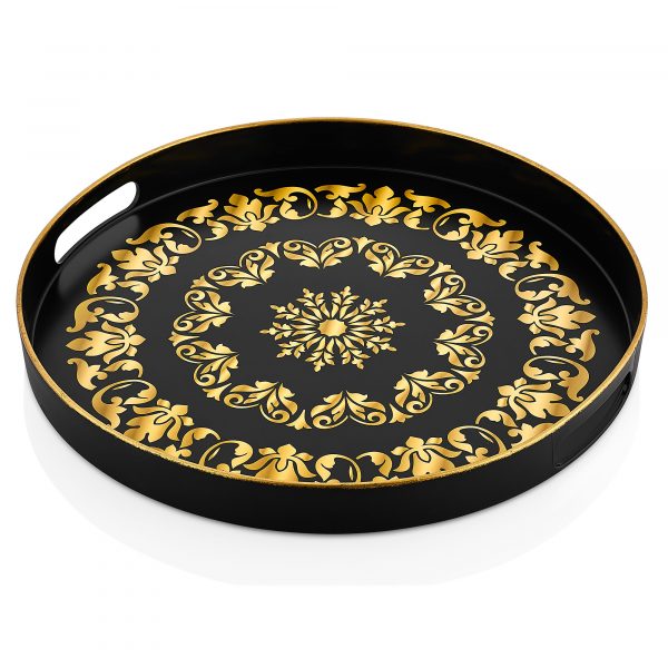 Authentic Tray Black Decorated Round Small